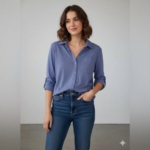 Pact Organic Cotton Slate Blue Button Down Collared Top | S